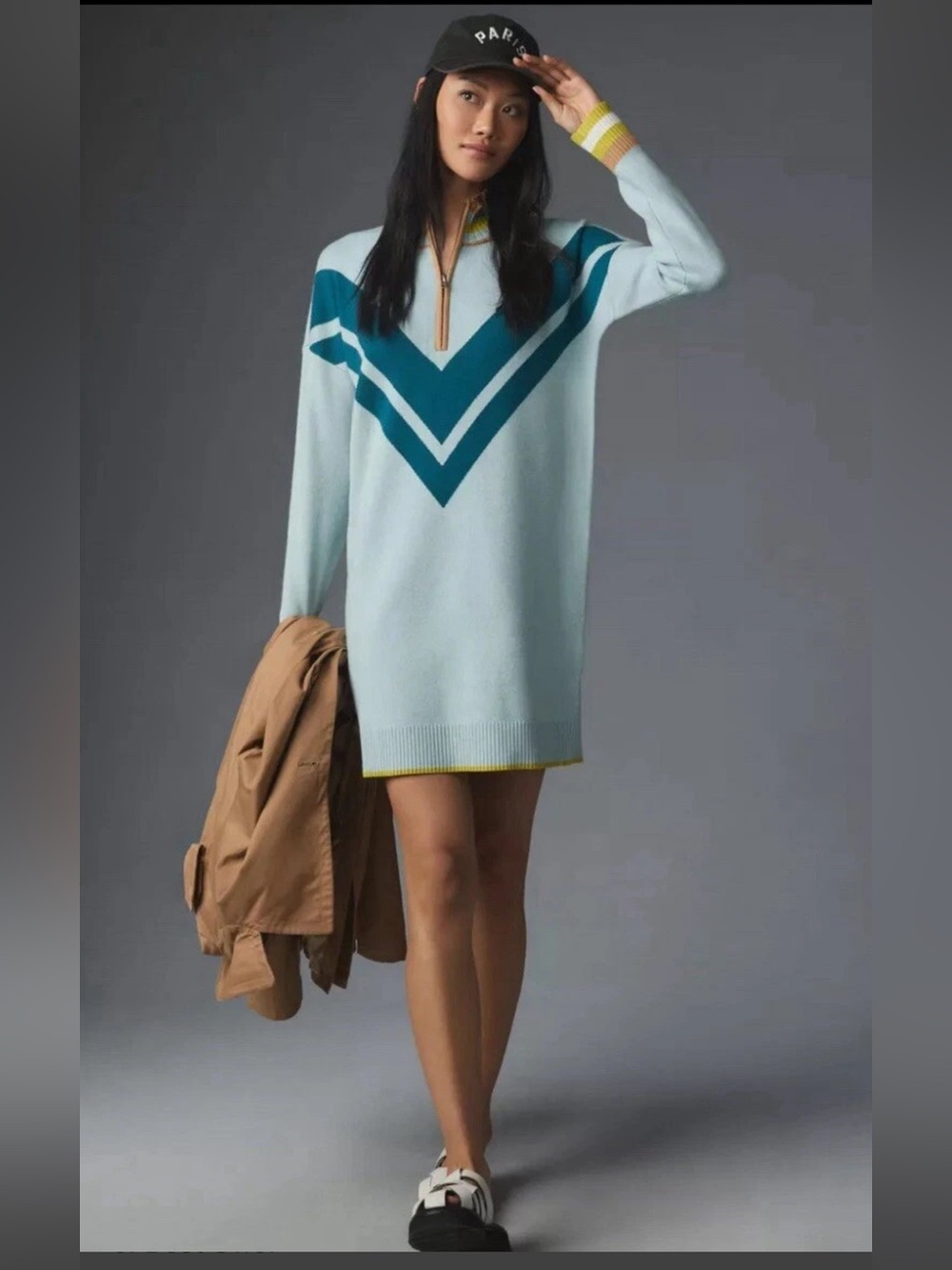Anthropologie Maeve VarsityLight Blue Chevron Zip-Neck Sweater Dress - Unbranded